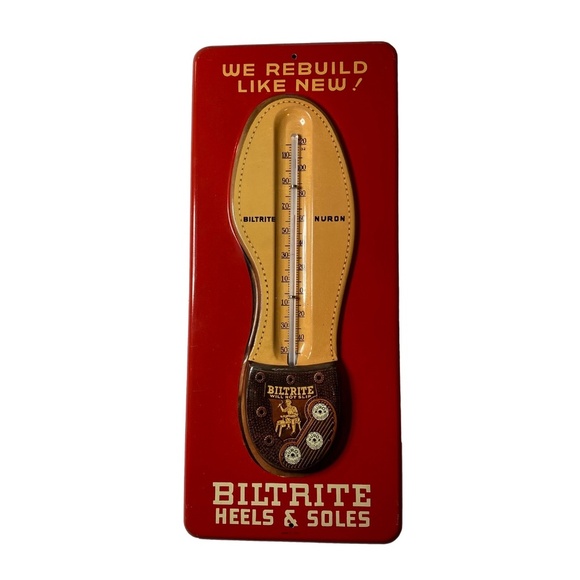 Biltrite Nuron Red Embossed Shoe Thermometer Tin Sign 1940s Vintage OS - Picture 7 of 16